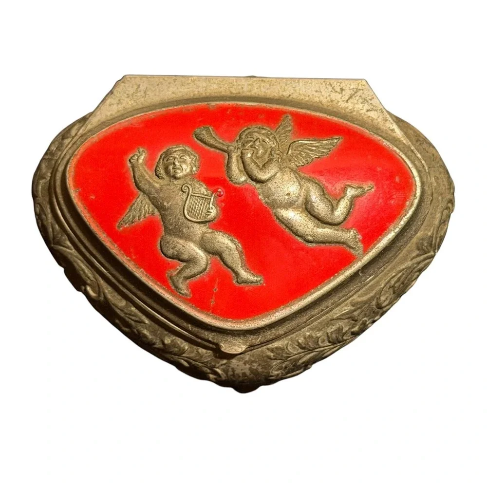 VTG Silver Tone Red Velvet Lined Metal Footed Cherub Jewelry Trinket Box Japan